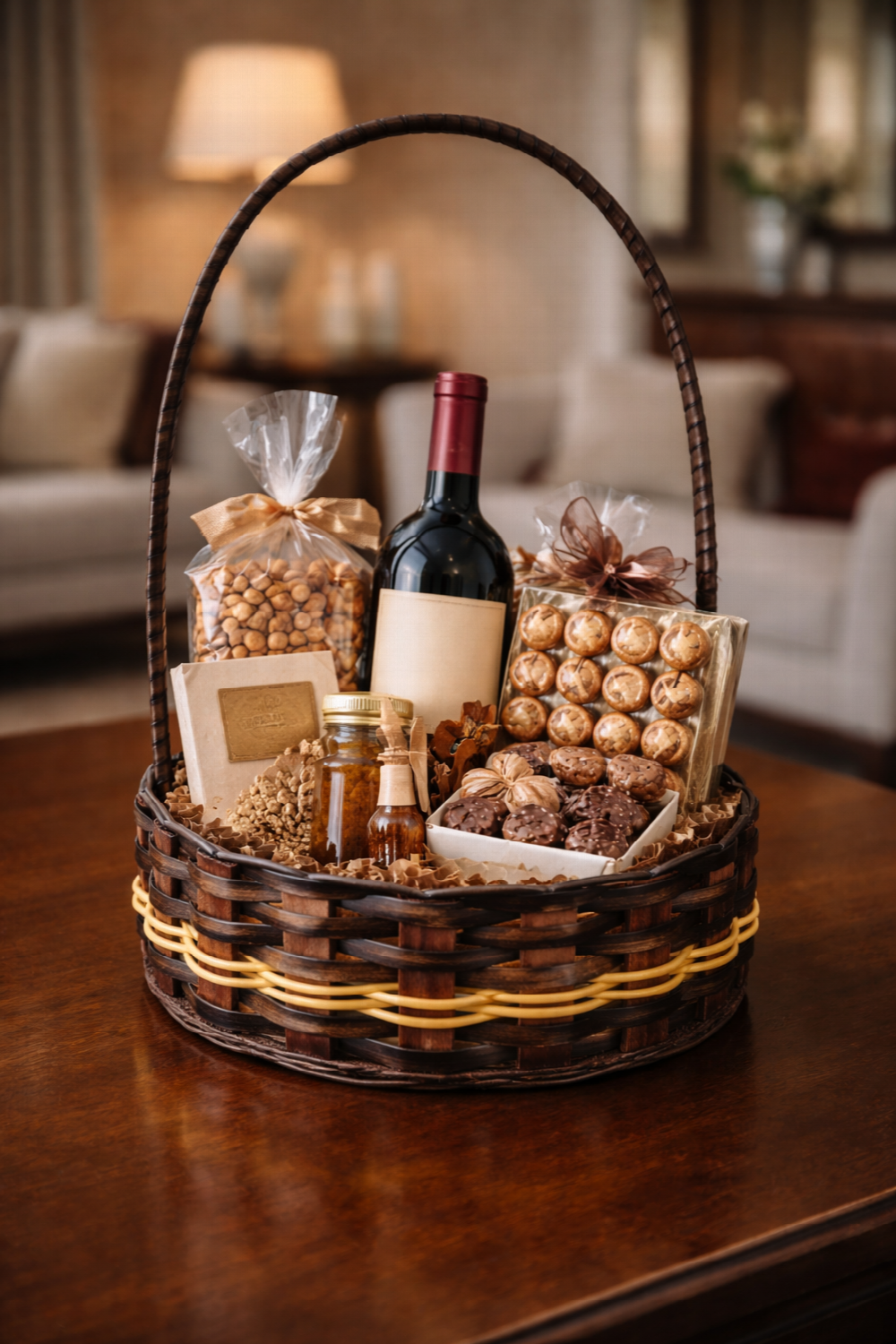 Cesta redonda de madeira de pinus e fibra sintética.